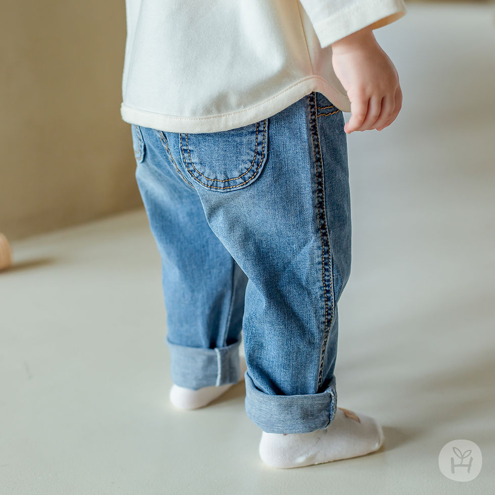 Thumbnail: The Parcel Denim Baby Pants are crafted from a soft-touch, sturdy spandex material, ensuring a comfortable fit for active lit