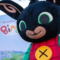 Bing is in te huren en staat voor zijn banner en is klaar om met kinderen op de foto te gaan op de kermis