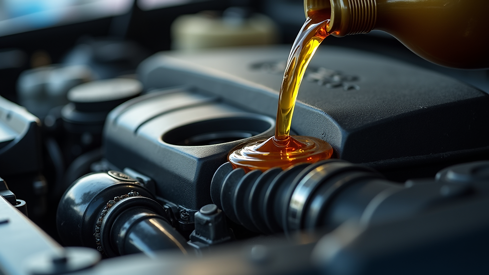 Close-up view of a car engine with fresh oil being poured