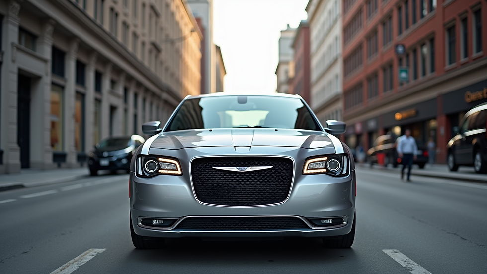 Eye-level view of a silver Chrysler 200 parked on a city street