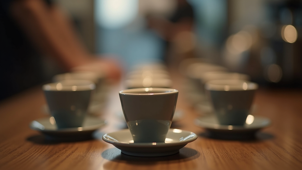 Eye-level view of a coffee cupping session with multiple cups arranged