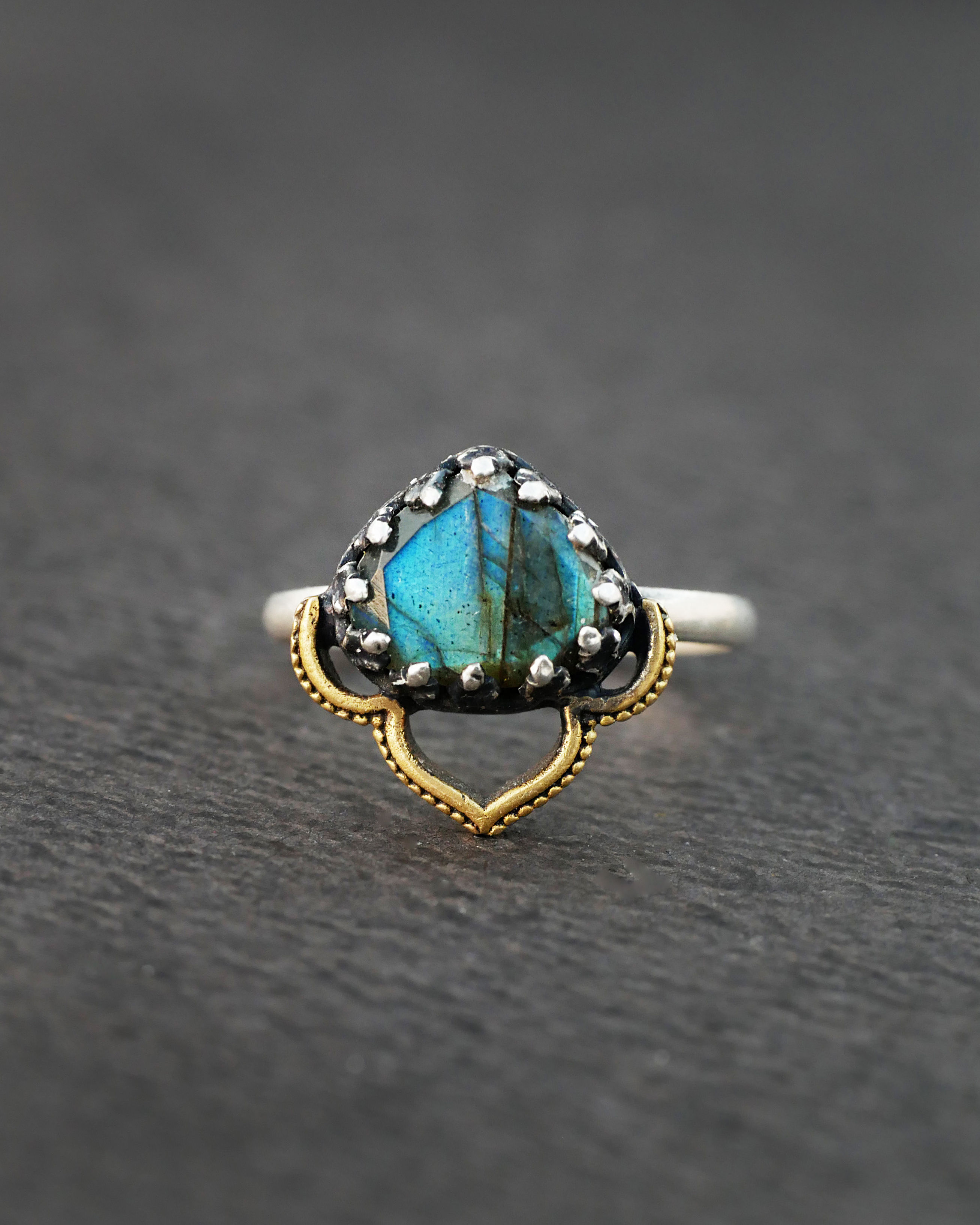 Silver ring with magical labradorite and brass details 