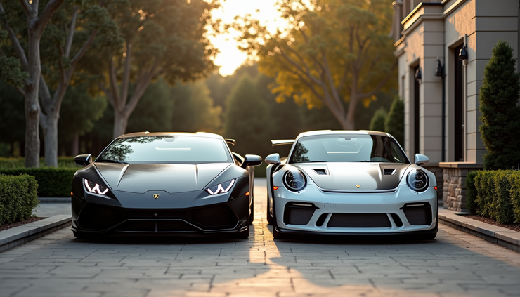 Eye-level view of a sleek Lamborghini and Porsche parked side by side in a luxury driveway