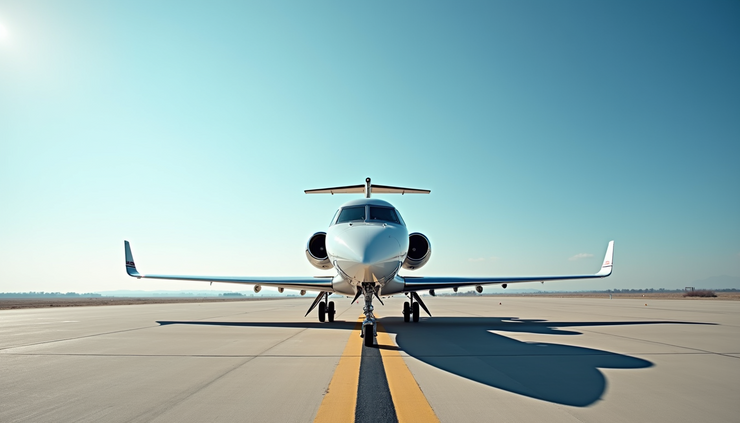 Eye-level view of a Falcon private jet parked on a tarmac under clear skies