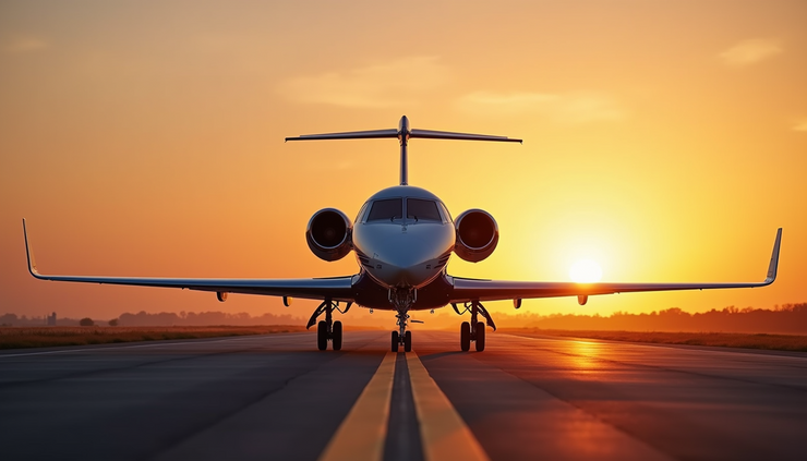 Eye-level view of a sleek private jet parked on a quiet runway at sunset