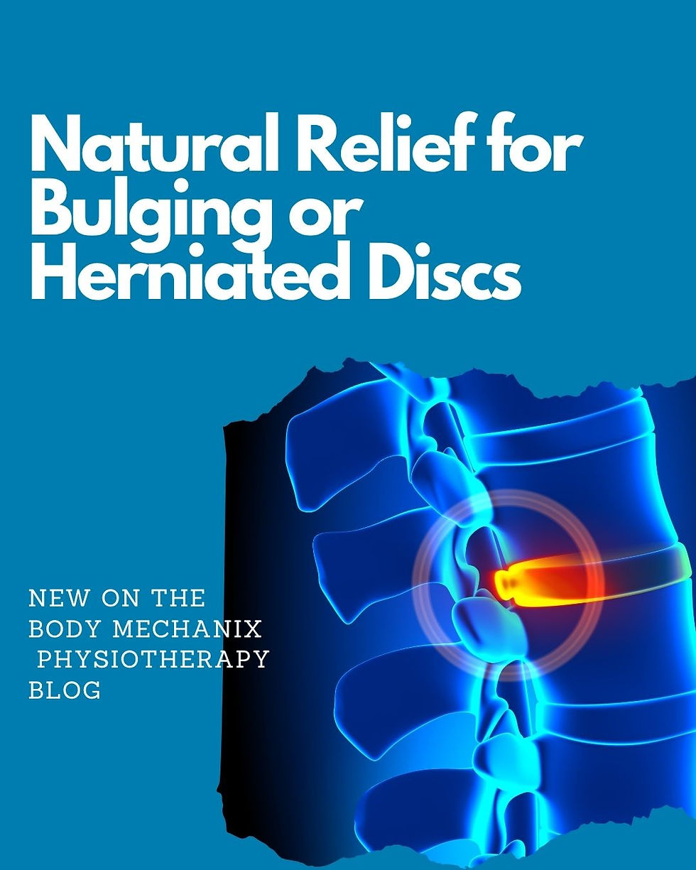 Blue background with text "Natural Relief for Bulging or Herniated Discs." Spine illustration highlights a disc in orange. Blog promotion.