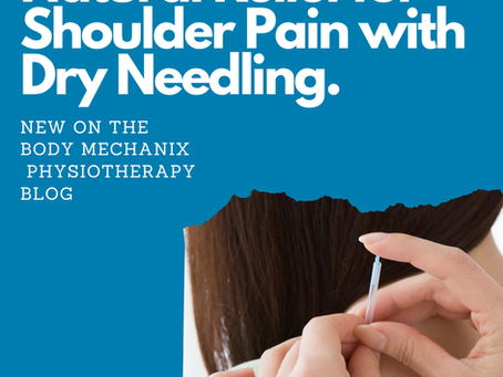 Hands perform dry needling on a shoulder. Blue background with text: Natural Relief for Shoulder Pain with Dry Needling.