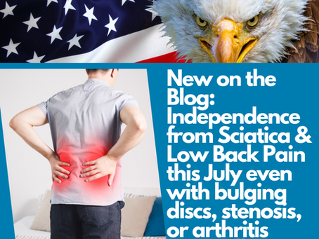 Man holding lower back in pain with a red highlight. Bald eagle and American flag in background. Text discusses independence from back pain.