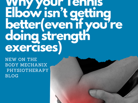 Person holding an elbow with a red highlight, indicating pain. Text: "Why your Tennis Elbow isn’t getting better..." Blue background.