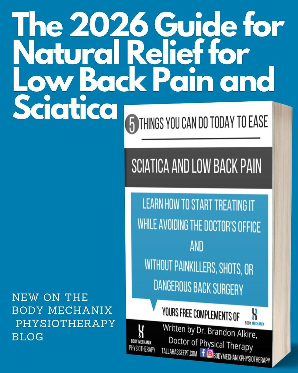2026 guide book cover on natural relief for low back pain and sciatica, with blue and white text. Available on Body Mechanix blog.