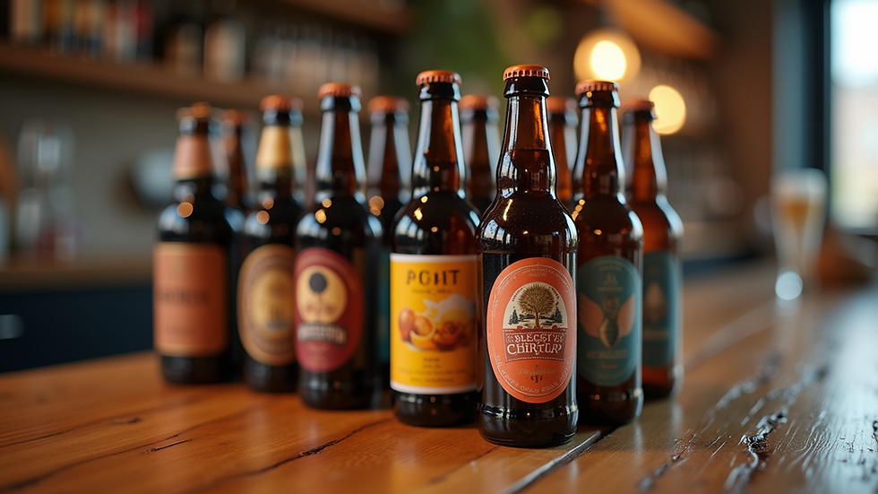 Close-up view of a variety of craft beer bottles on a wooden table
