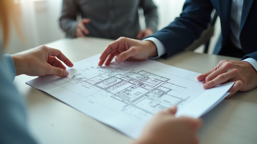 Close-up view of a real estate agent showing a home blueprint to a client
