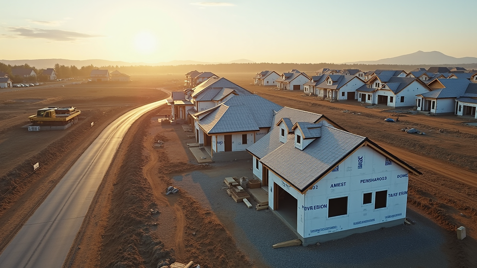 High angle view of a new housing development with multiple homes under construction
