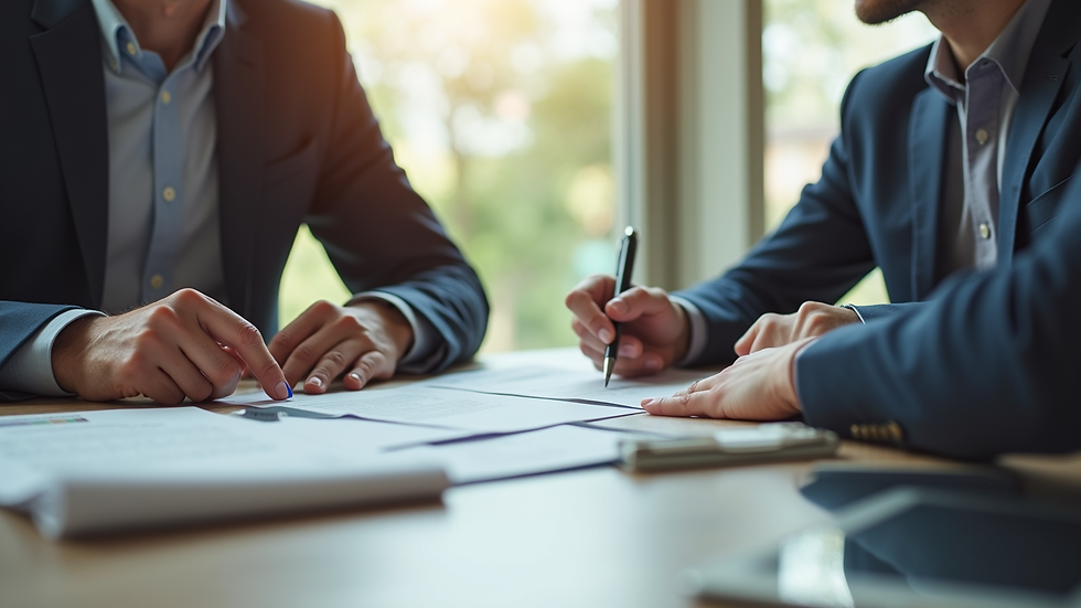 Wide angle view of a real estate agent and client discussing documents at a table