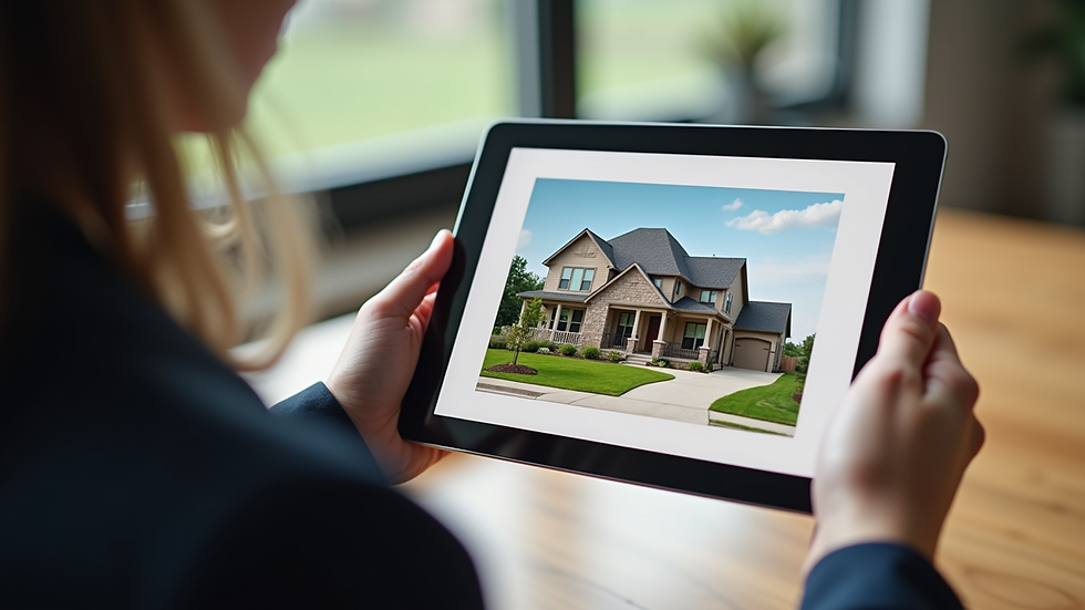 Close-up view of a real estate agent showing a home listing on a tablet