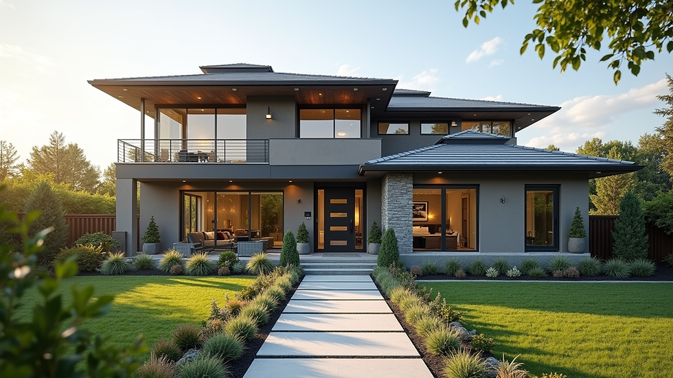 Eye-level view of a modern custom home exterior with landscaped front yard