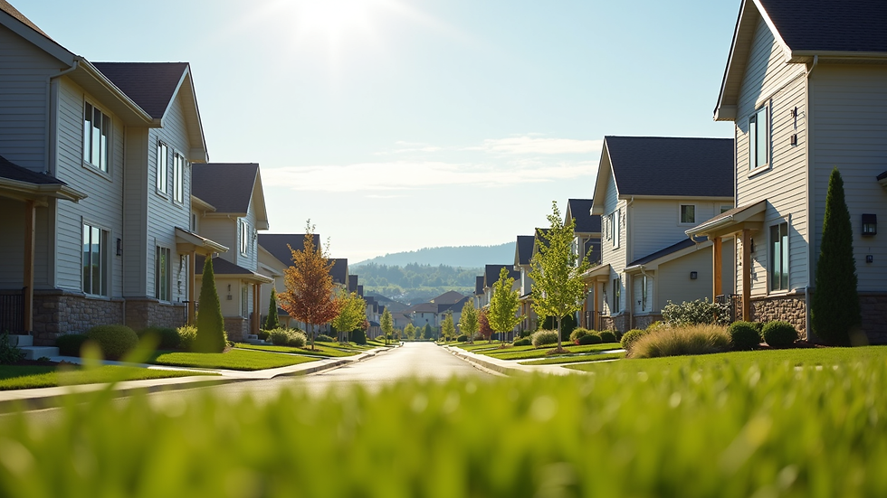Eye-level view of a modern Lincoln neighborhood with new homes and green lawns