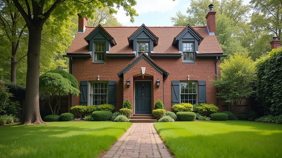 Eye-level view of a charming brick house with a well-maintained front yard