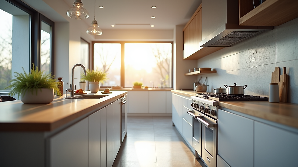 Wide angle view of a modern kitchen with stainless steel appliances and natural light