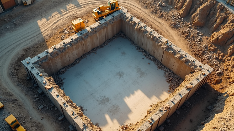 High angle view of a construction site with foundation work underway