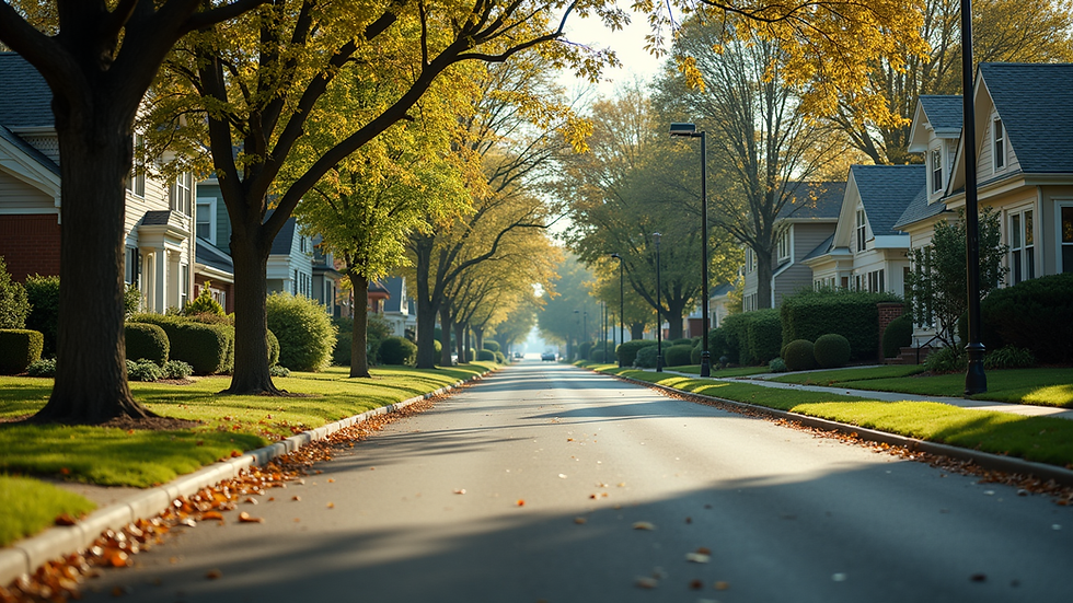 Eye-level view of a charming Lincoln neighborhood street with houses and trees