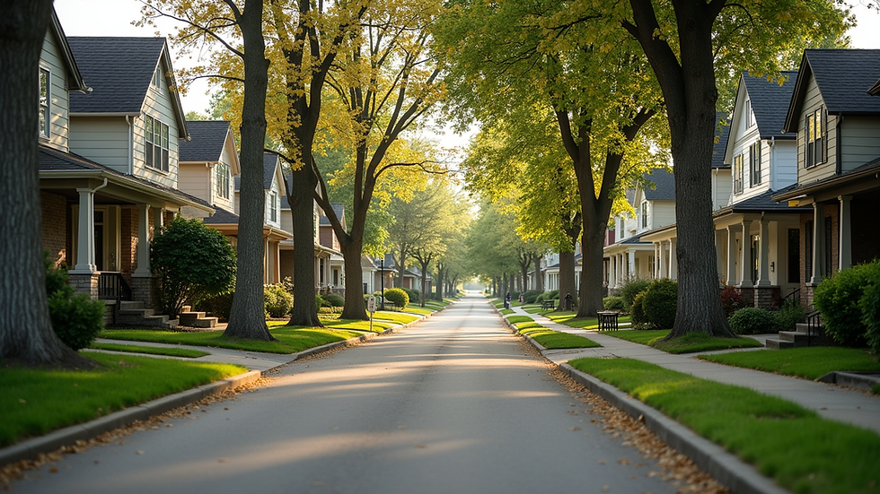 Eye-level view of a charming Lincoln neighborhood street with houses and trees
