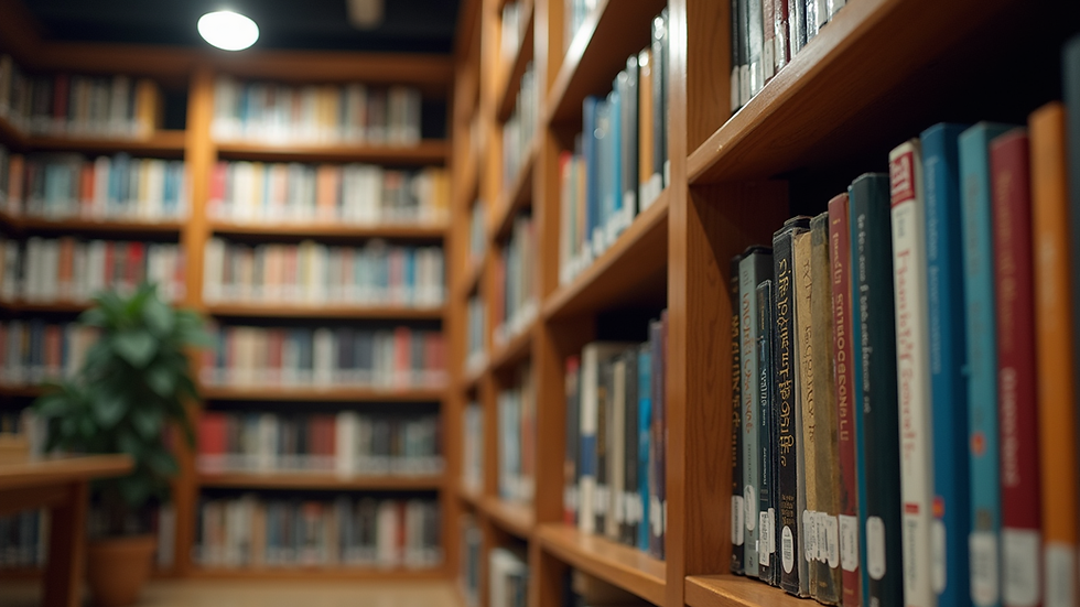 Eye-level view of a neatly arranged bookshelf with categorized books