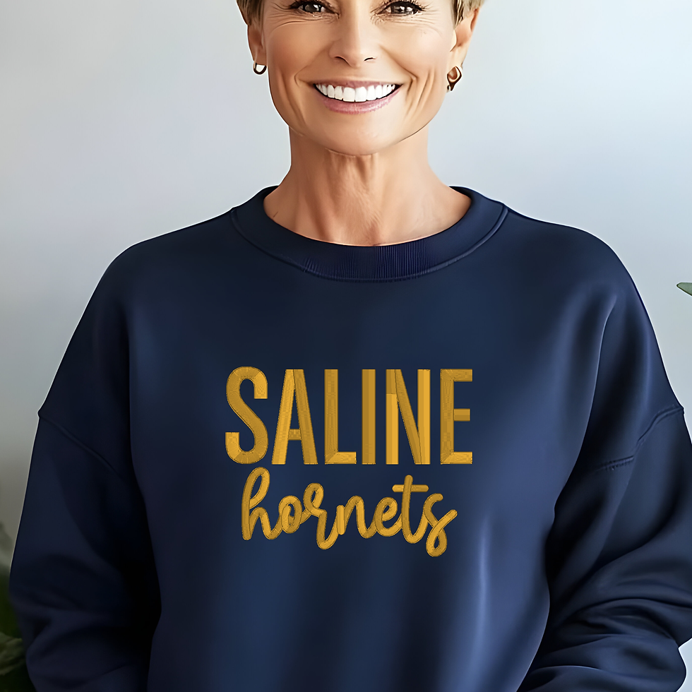 Navy Blue Crewneck with Saline hornets embroidered using puff embroidery