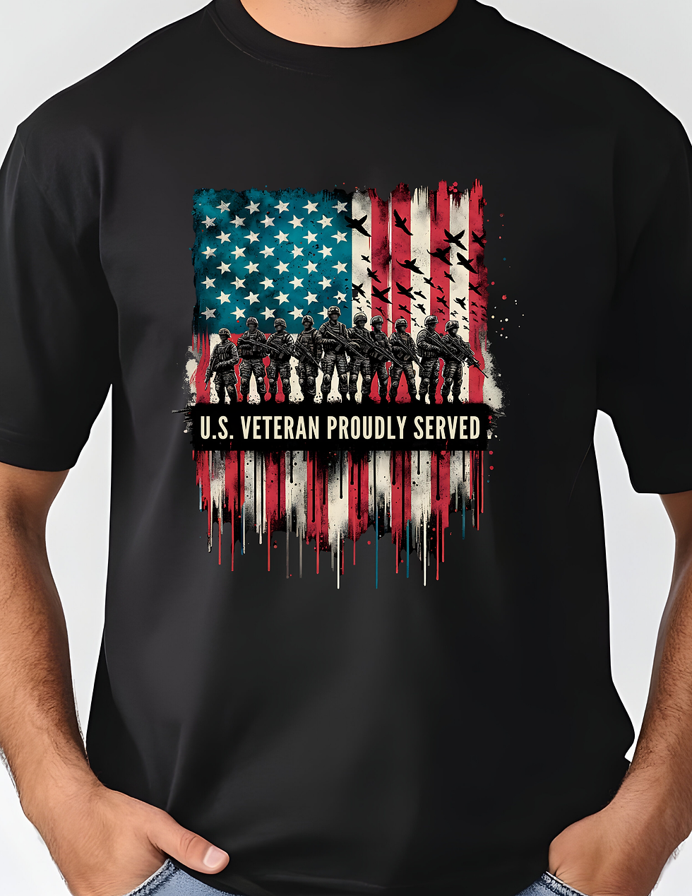 black tshirt with American Flag in back with soldiers standing in front with US Veteran proudly served written in front