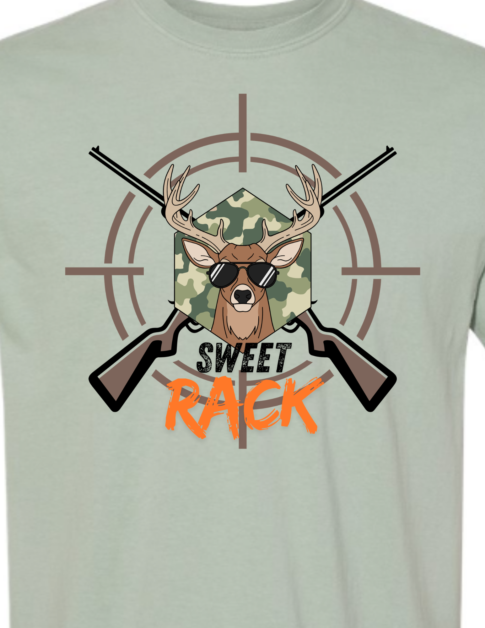 Bay colored tshirt with bullseye with 2 guns crossing and a deer on front