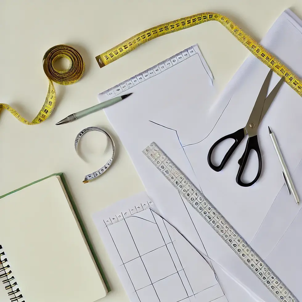 Bir moda koleksiyonuna özgü kalıpları hazırlayan bir tasarım süreci. Düz bir yüzeyde özel kalıplar, kumaş parçaları, mezura, kalem, cetvel ve not defteri düzenli bir şekilde yerleştirilmiş.