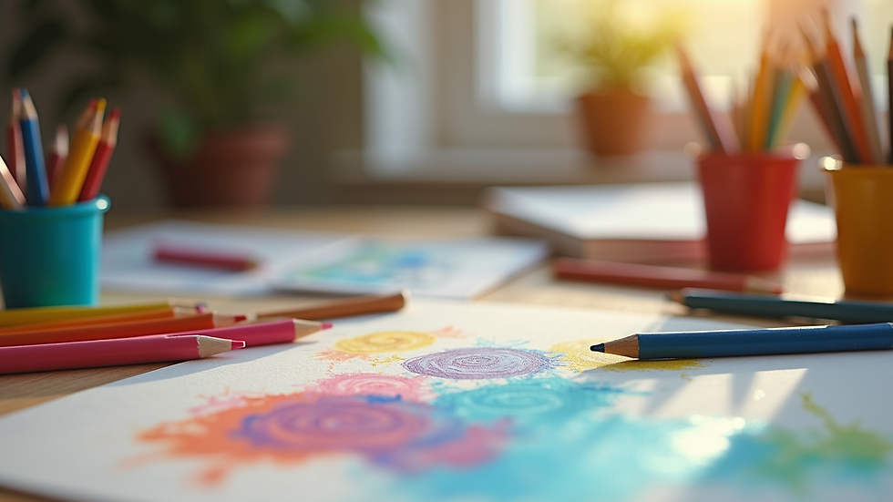 Close-up view of colourful art supplies on a table used in child therapy