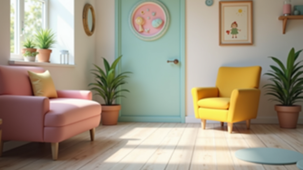 Close-up view of a calm waiting area in a counselling centre with soft colours and child-friendly decor