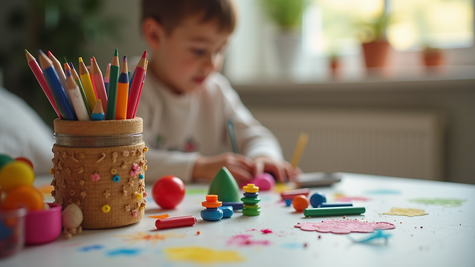 Close-up view of a child’s therapy toolkit with colourful art supplies and toys