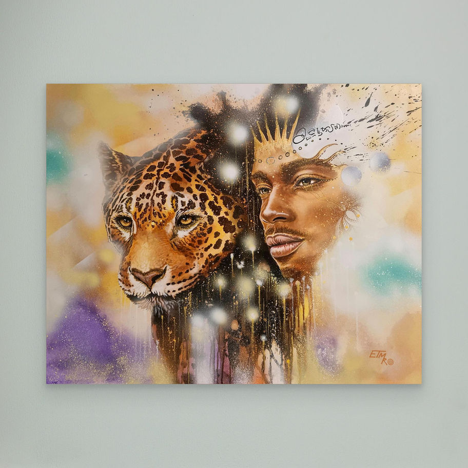 The Shaman's Companion canvas art print – mixed media portrait of a human and animal by E.T.M. Romasanta