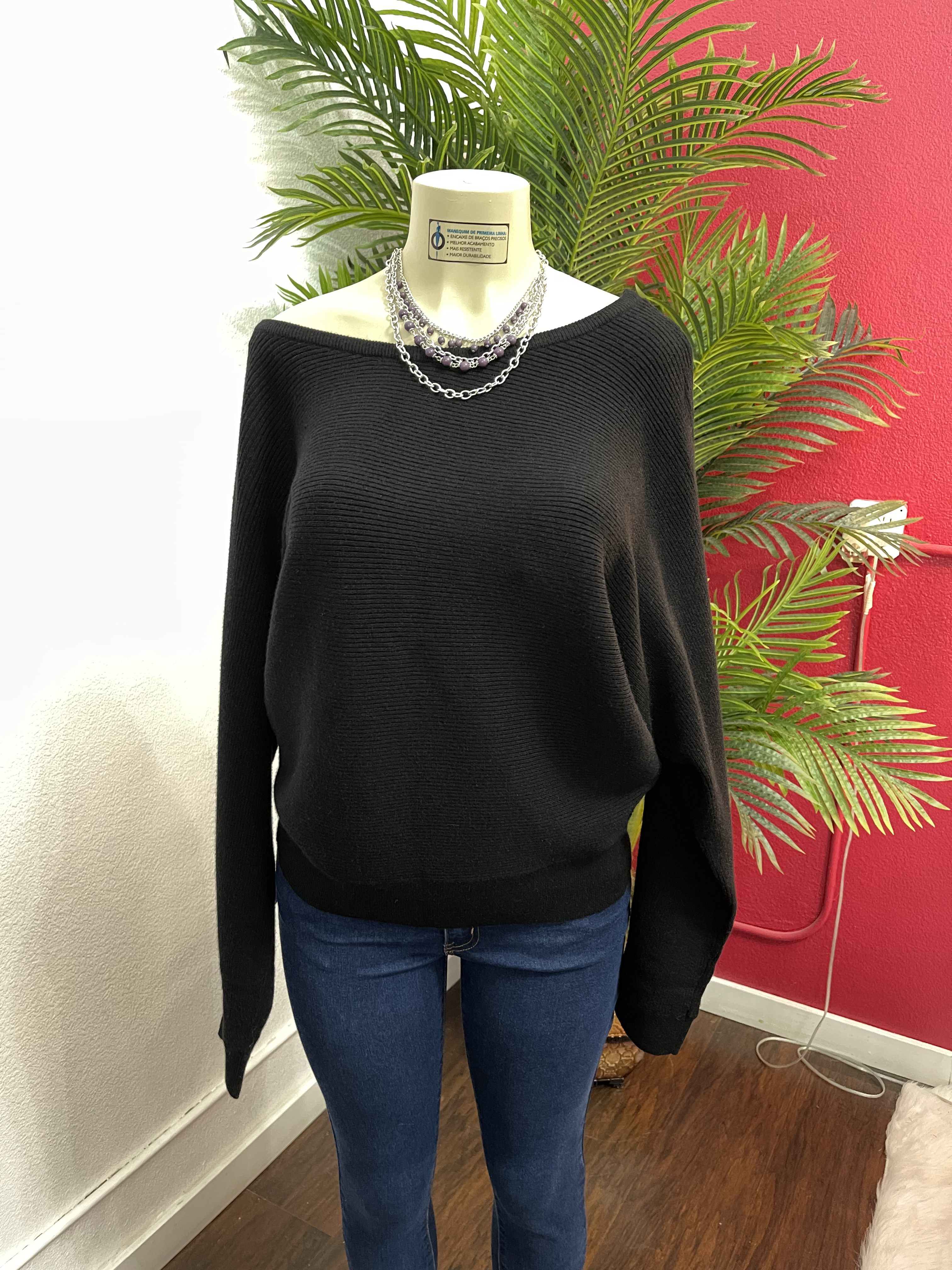 Black Wide Neck Long Sleeve Sweater