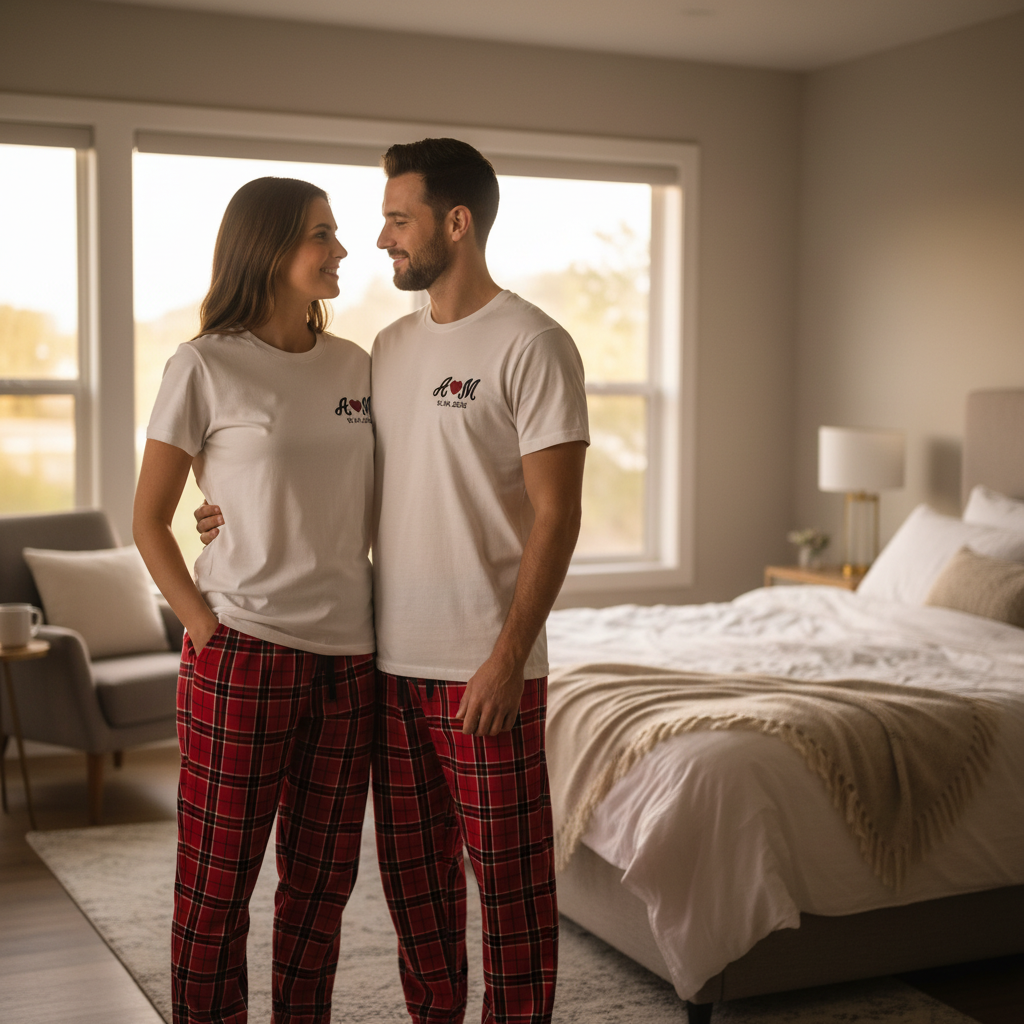 Embroidered Personalized Matching Pajamas for Couples, His and Hers Plaid PJ Set