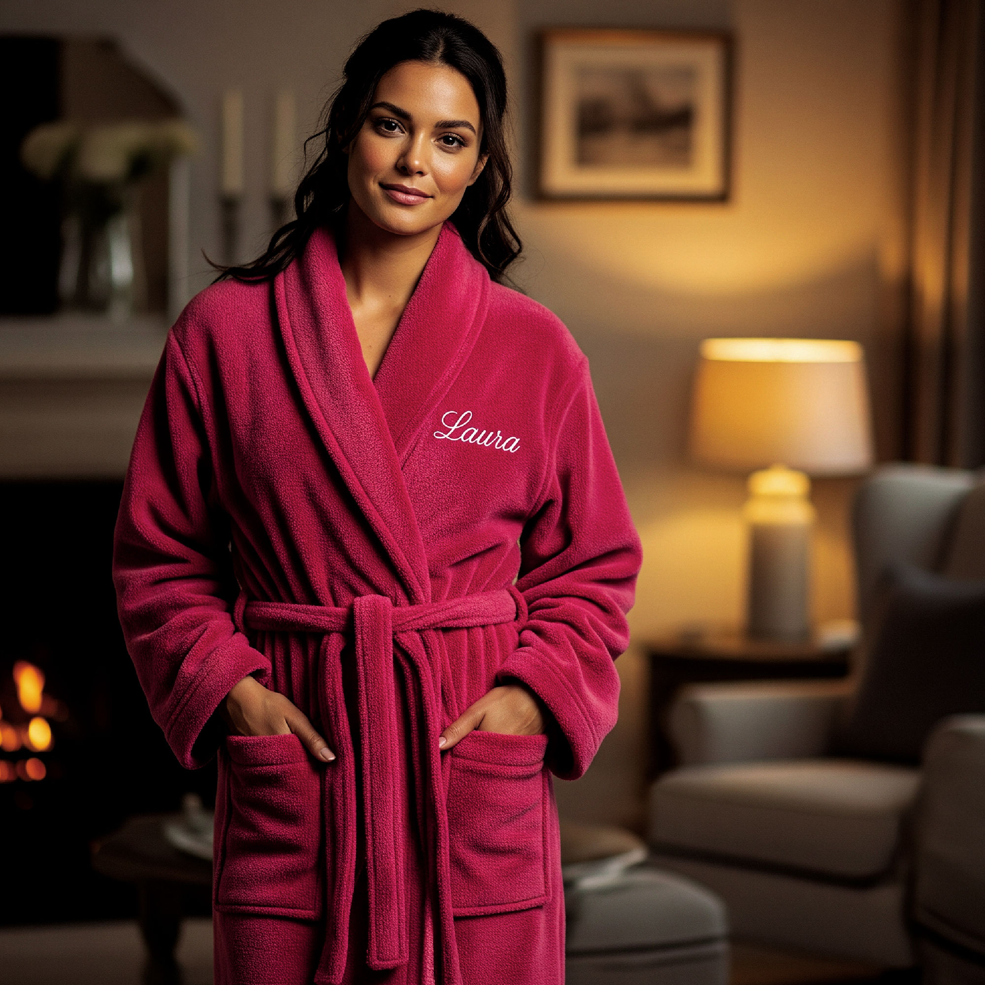 Personalized Embroidered Bathrobe, Luxury Plush Robe. Color: Pink Raspberry