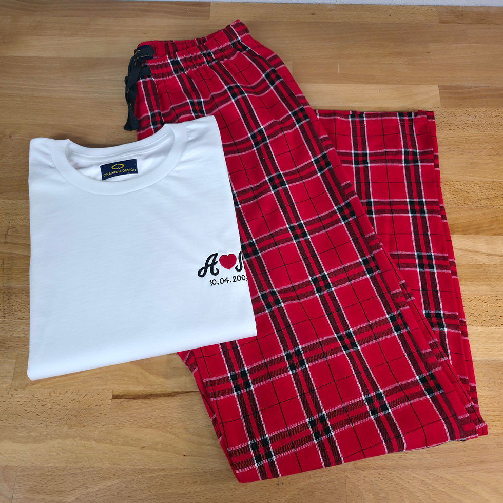 Thumbnail: Embroidered Personalized Matching Pajamas for Couples, His and Hers Plaid PJ Set