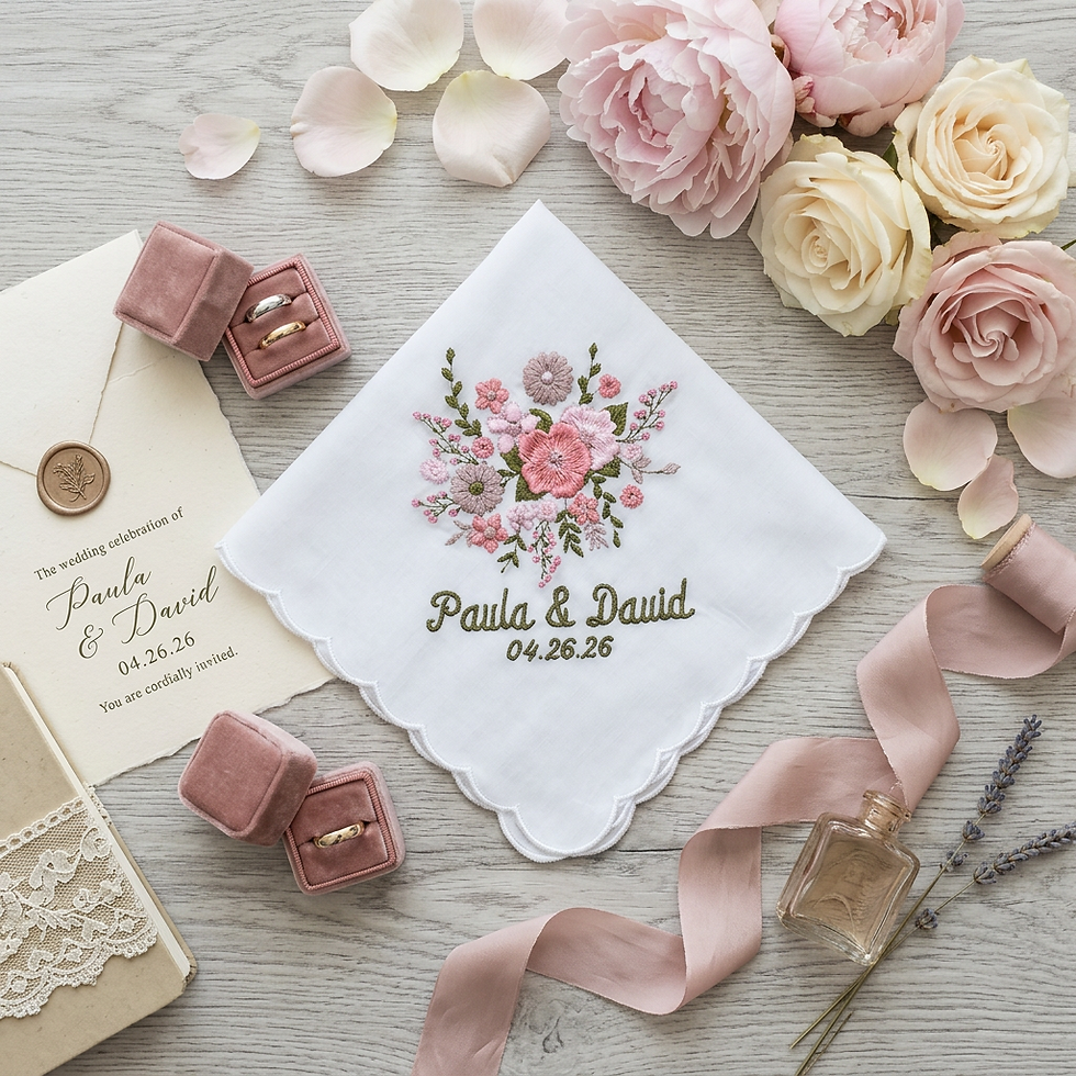 Thumbnail: Personalized Wedding Handkerchief for Bride, Embroidered Floral Bridal Hankie