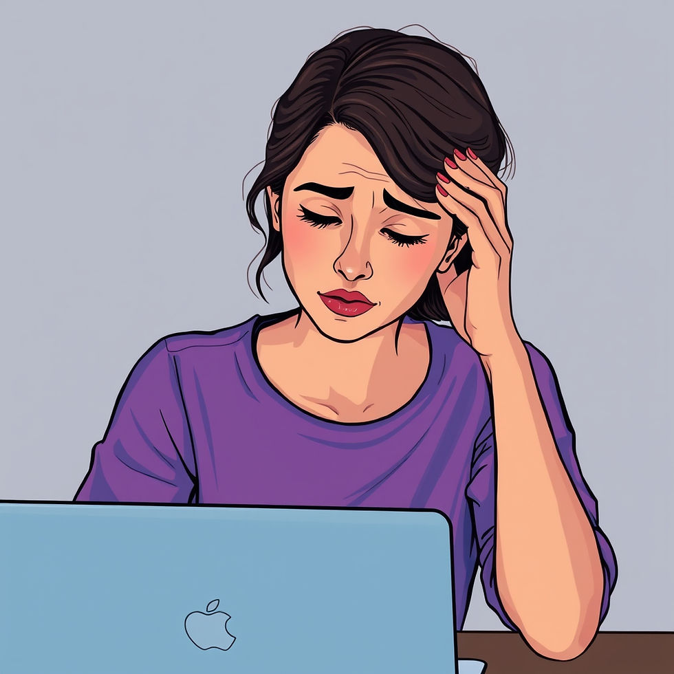 Person sitting in front of a laptop struggling to focus while experiencing mental fatigue and brain overload.