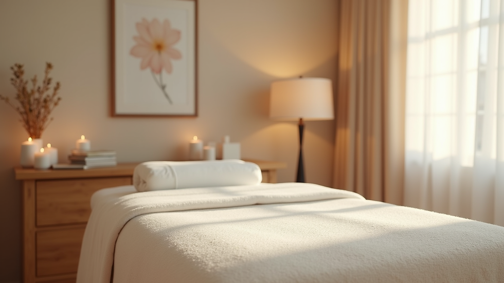 Eye-level view of a calm therapy room set up for lymphatic drainage massage