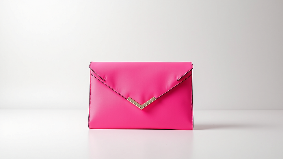 Eye-level view of a vibrant neon pink clutch bag on a white background