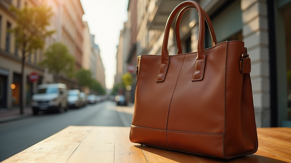 Eye-level view of a stylish tote bag on a wooden table