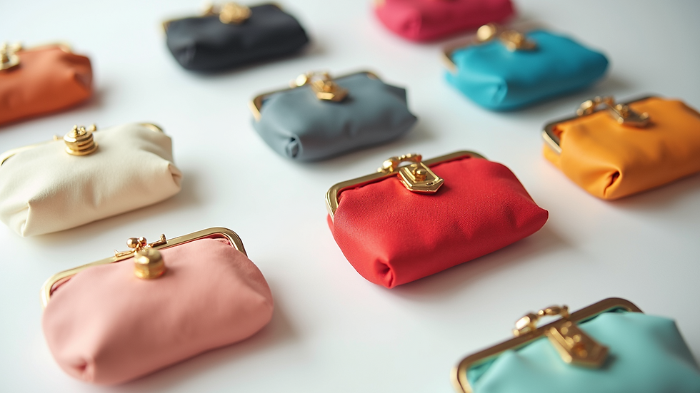 High angle view of a collection of colorful unique clutches on a white surface