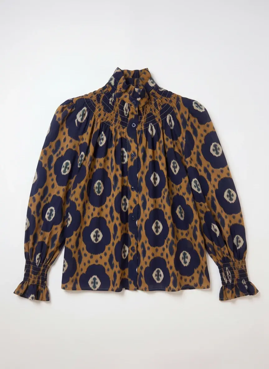 Miniature : Blouse en coton imprimé acajou à volants et smocks Rive devant