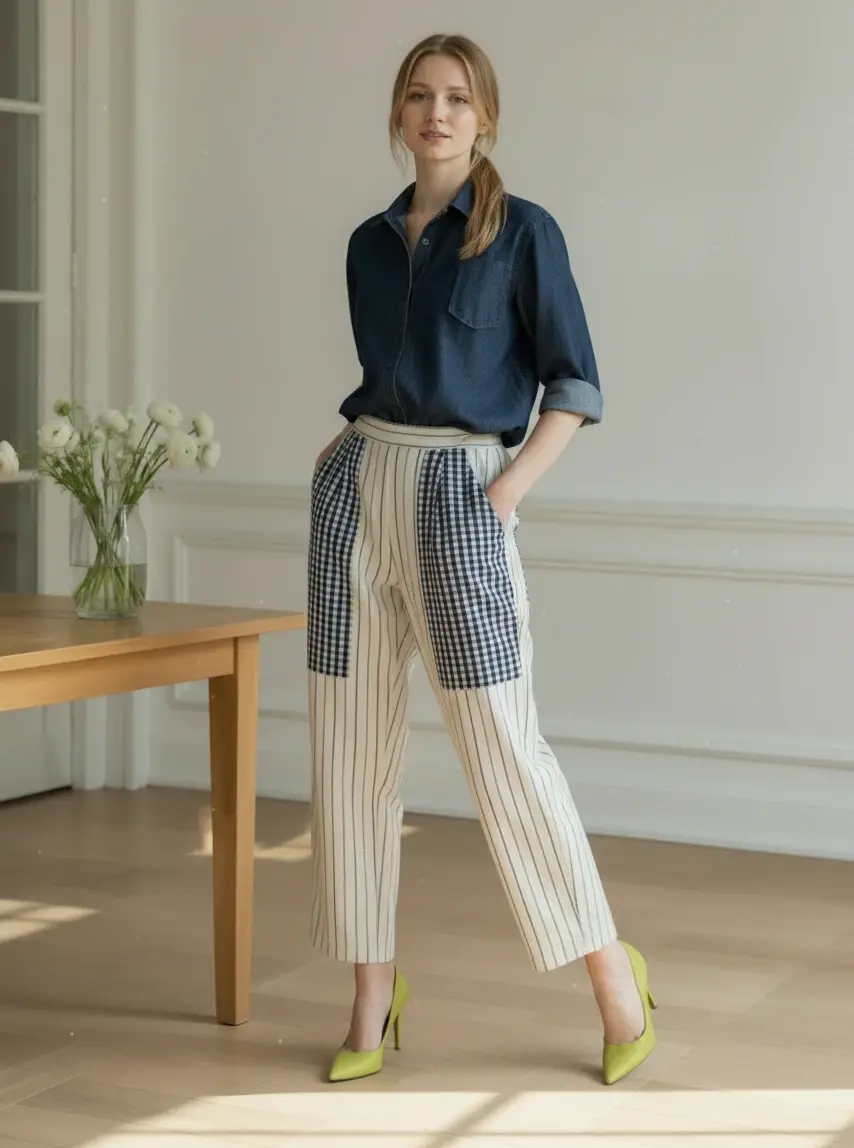 Pantalon en coton rayé & poches vichy The Corner mannequin devant 1