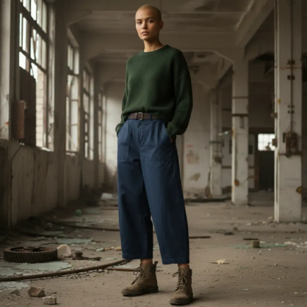 Pantalon barrel en coton bleu marine porté