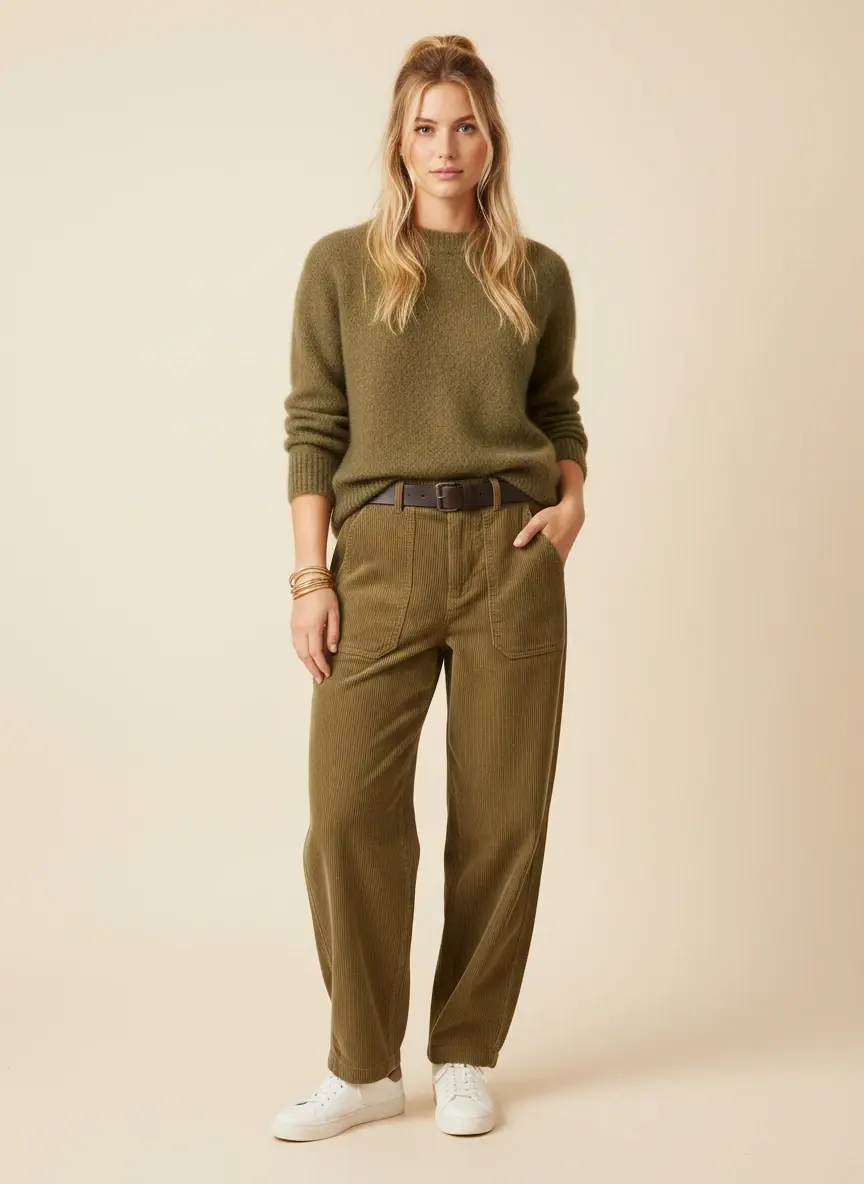 Miniature : Pantalon barrel en velours côtelé safran Intuition mannequin debout