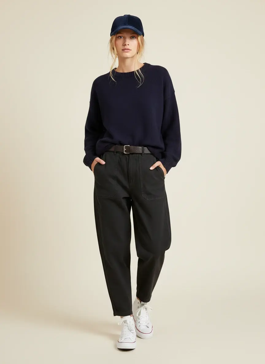 Pantalon barrel en coton épais noir Rive mannequin devant
